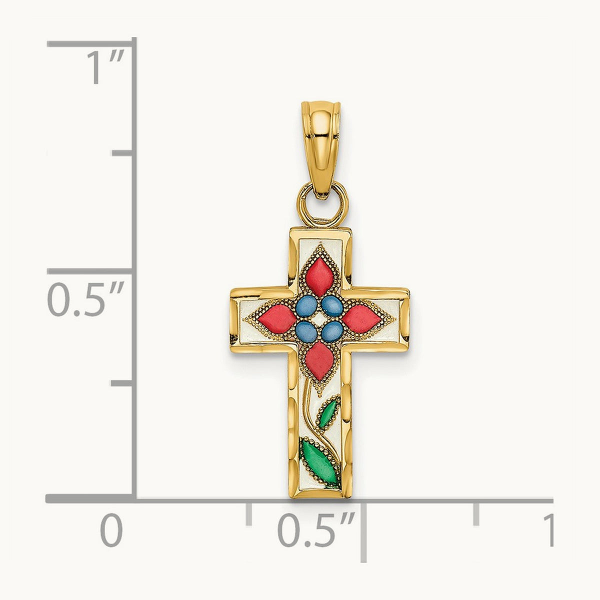 Enameled W/ Flower Cross Charm, 14K
