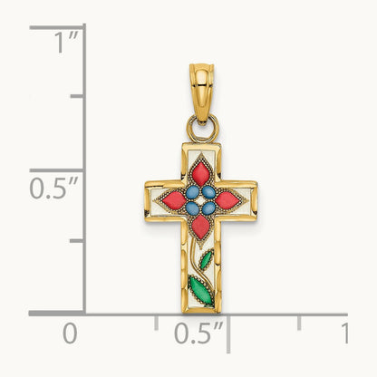 Enameled W/ Flower Cross Charm, 14K