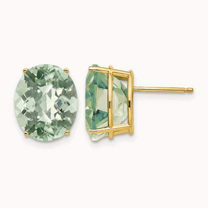 12x10 Oval Checker-Cut Green Quartz Earrings, 14K