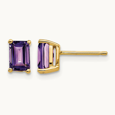 6x4mm Emerald Cut Amethyst Earrings, 14K