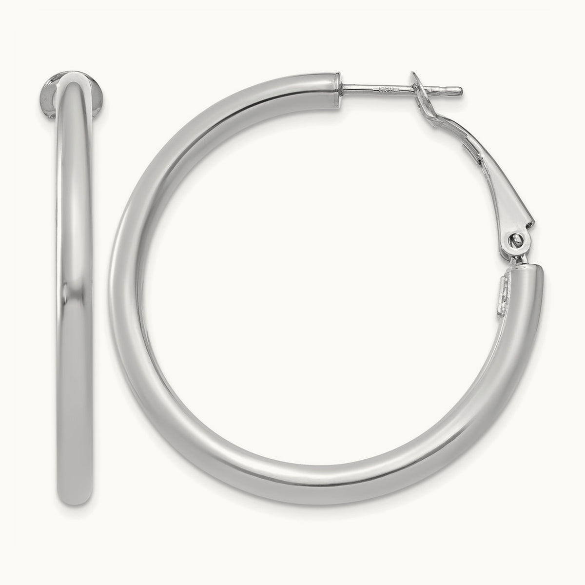 Polished Round Omega Back Hoop Earrings — 14K White Gold, 3x36mm