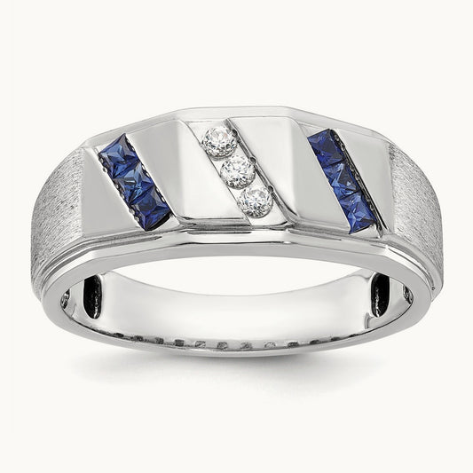 IBGoodman Men's Satin Cr. Sapphire Diamond Complete Ring, 14K White Gold