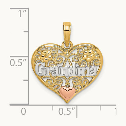 Rhodium GRANDMA In Filigree Heart Charm, 14K Two-tone White