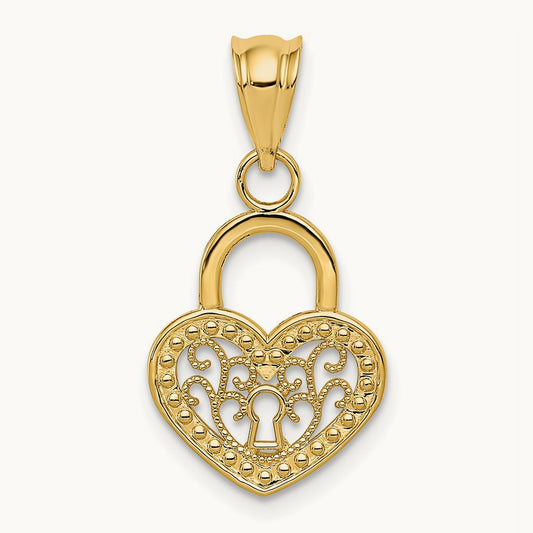 Polished Filigree Heart Lock Charm, 14K