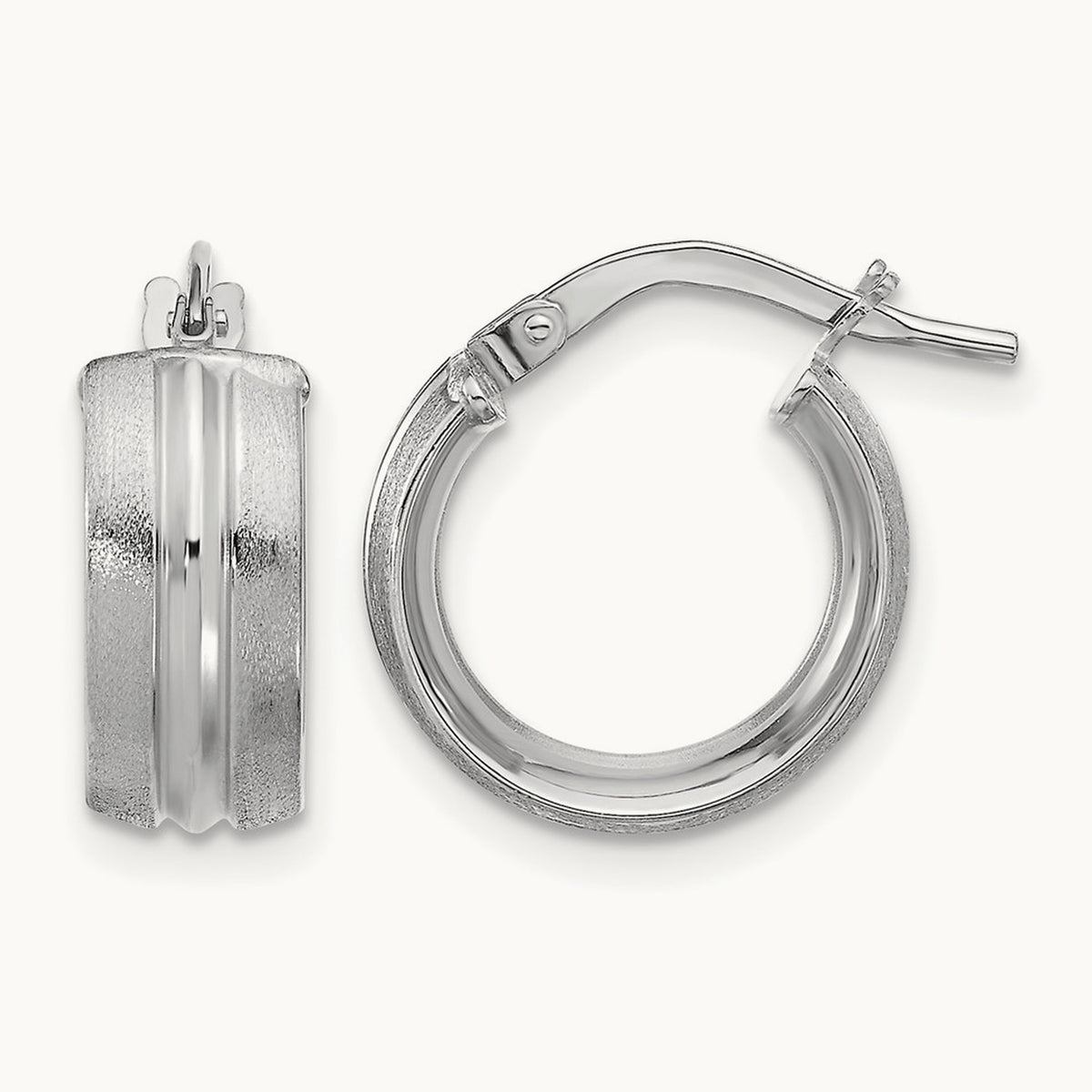 Polished and Satin Round Hoop Earrings — 14K White Gold