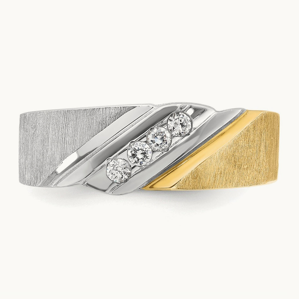 14ktt IBGoodman Men's Polished Satin & Grooved 4-Stone Diamond Ring
