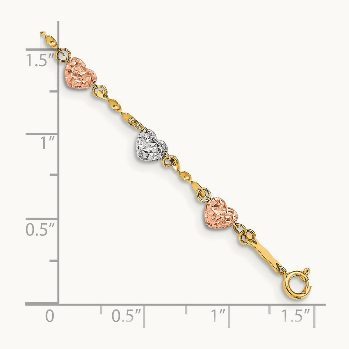 Tri-color Diamond-cut Puff Heart Bracelet, 14K