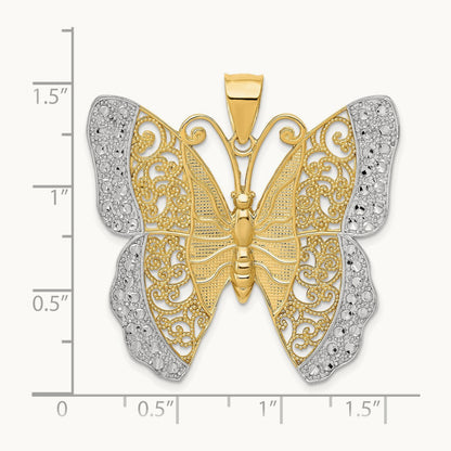 w/ Rhodium Solid Polished Diamond-cut Filigree Butterfly Pendant, 14K