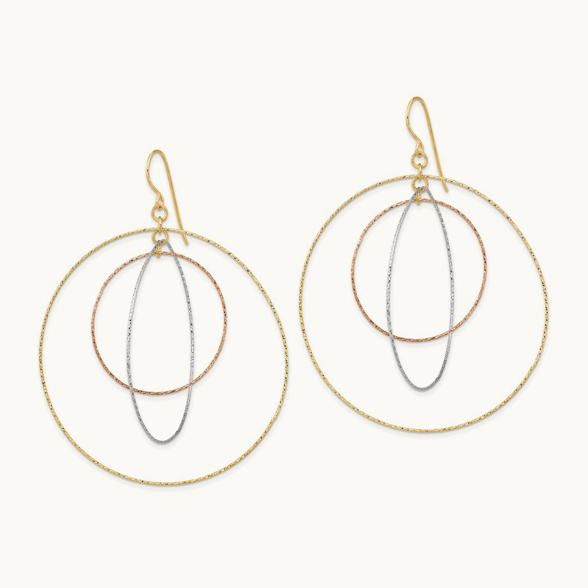 Tri-color Diamond Cut Graduated Circles Shepherd Hook Earrings, 14K