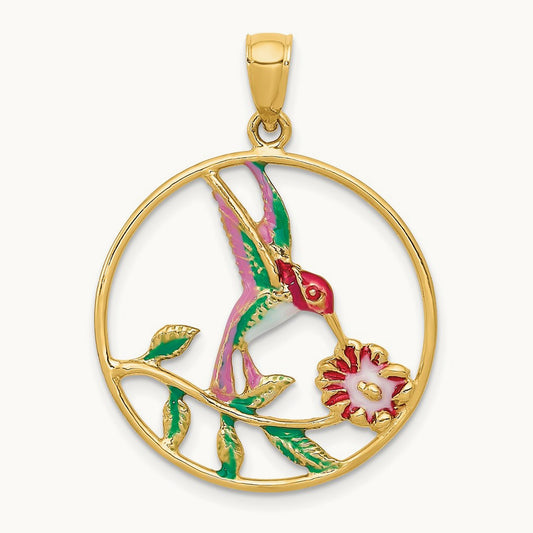 Enameled Hummingbird and Flower in Circle Pendant, 14K