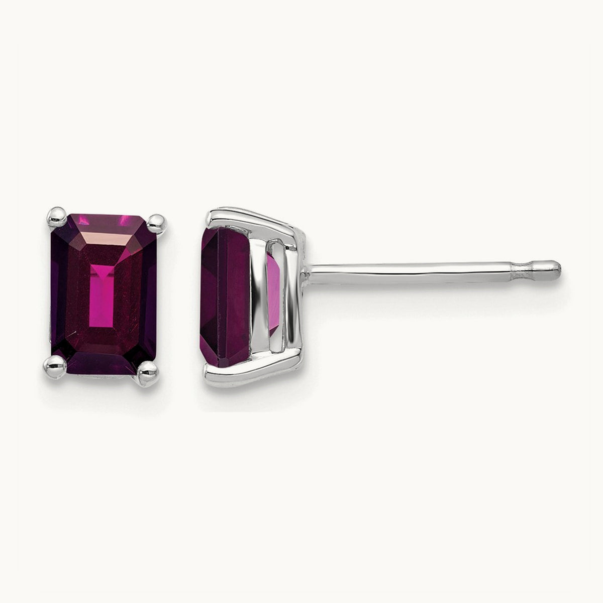 6x4 Emerald Cut Rhodolite Garnet Stud Earrings, 14K White Gold