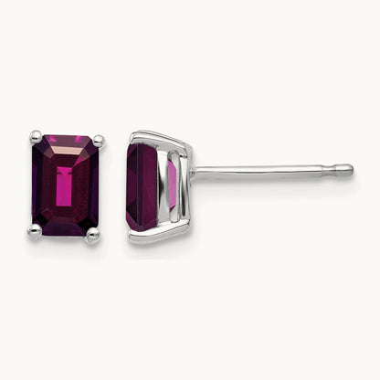6x4 Emerald Cut Rhodolite Garnet Stud Earrings, 14K White Gold