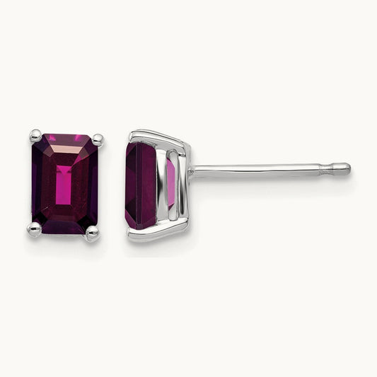 6x4 Emerald Cut Rhodolite Garnet Stud Earrings, 14K White Gold