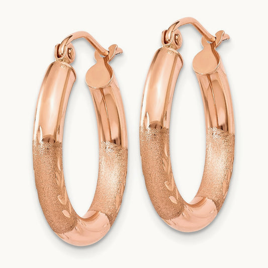 Satin and Diamond-cut Hoop Earrings, 3mm, 14K Rose Gold