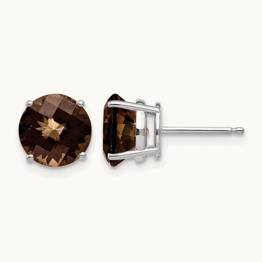 Round Checker-Cut Smoky Quartz Earrings, 8mm, 14K White Gold