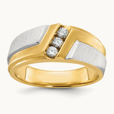 14ktt IBGoodman Men's Polished Satin & Grooved 3-Stone Diamond Ring