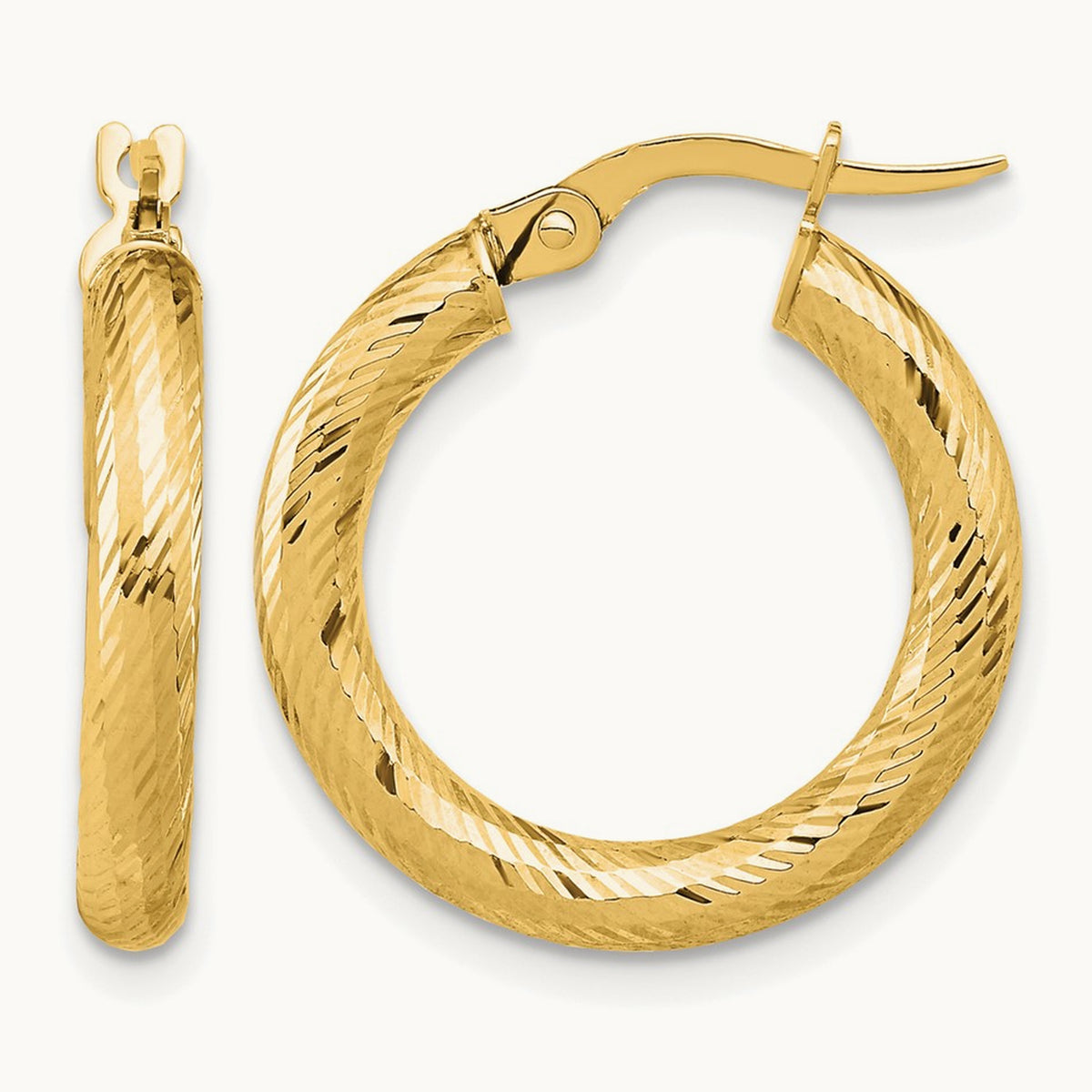 3x15 Diamond-cut Round Hoop Earrings — 14K Yellow Gold