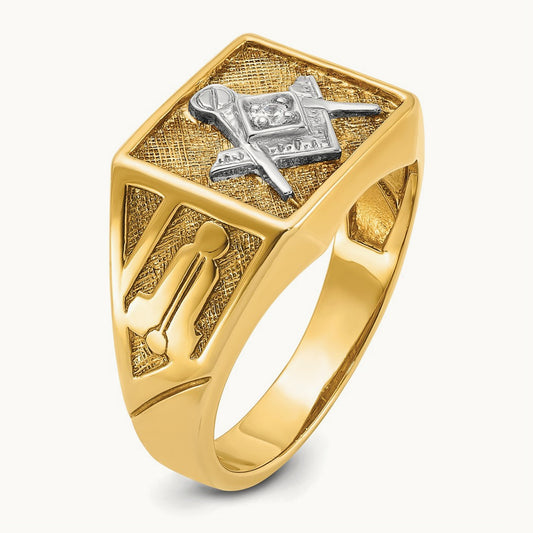 w/ White RH IBGoodman Textured Diamond Blue Lodge Masonic Ring, 14K