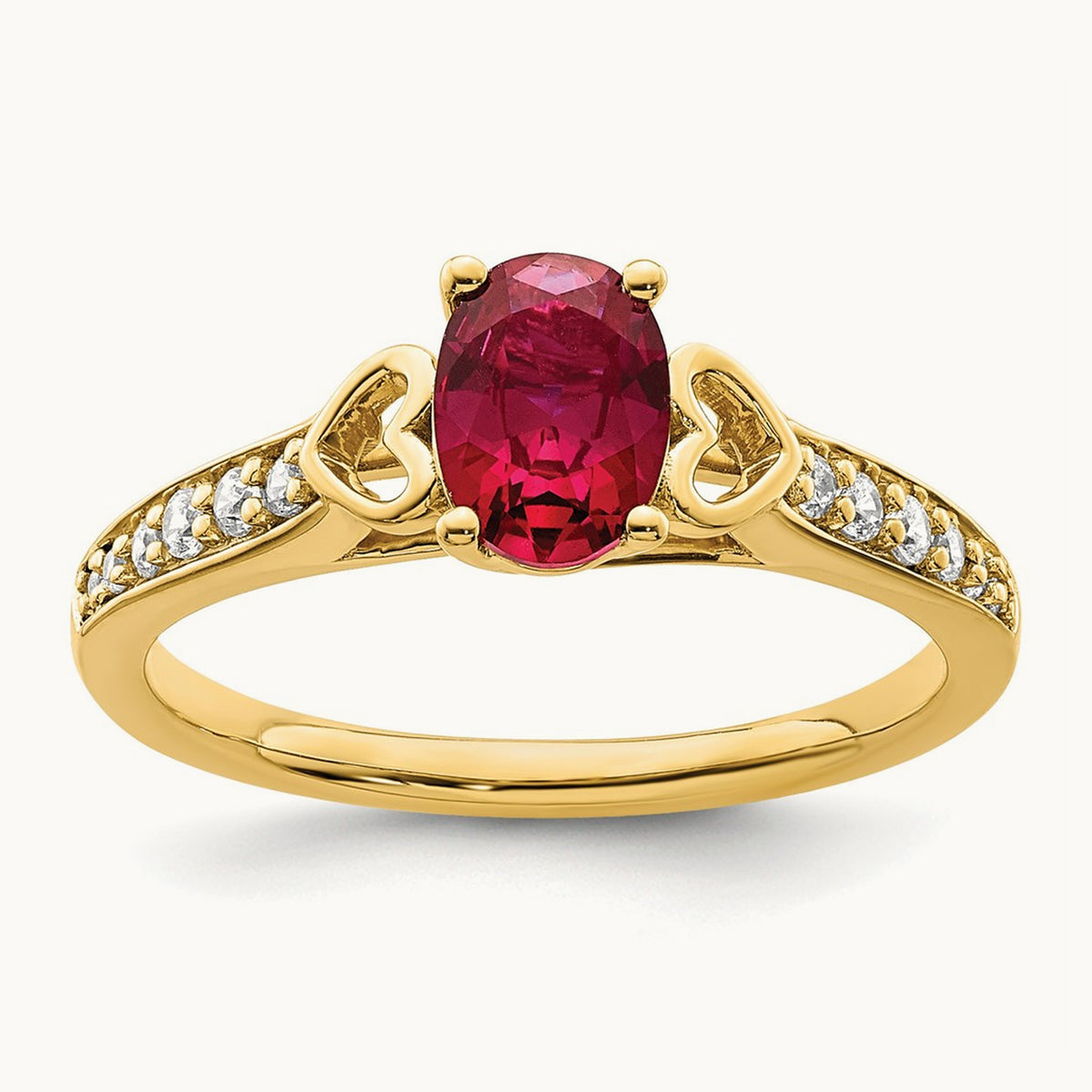 Polished Side Hearts Ruby and Diamond Ring, 14K