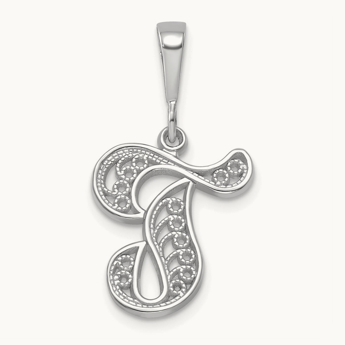 Solid Polished Script Filigree Initial Pendant — T