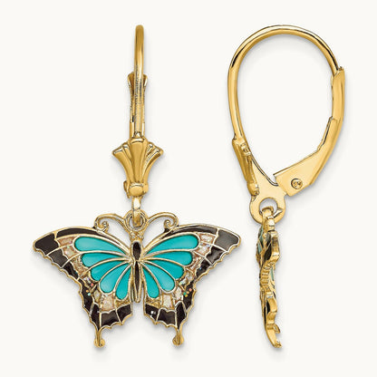 w/Aqua Enameled Wings Butterfly Leverback Earrings, 14K