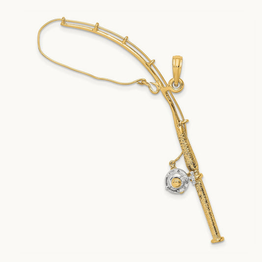 w/Rhodium 3-D Moveable Fishing Pole W/ Reel Charm, 14K