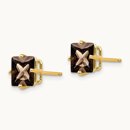 Square Smoky Quartz Earrings, 7mm, 14K