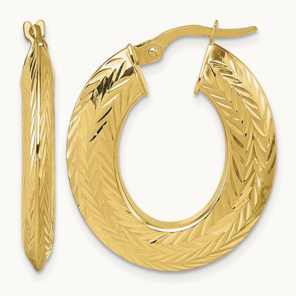 Polished and Diamond-cut Oval Hoop Earrings, 14K