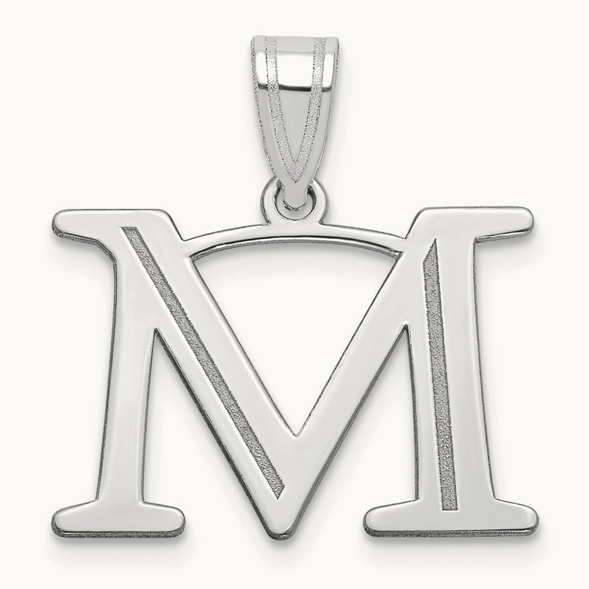 Polished Etched Letter M Initial Pendant, 14K White Gold