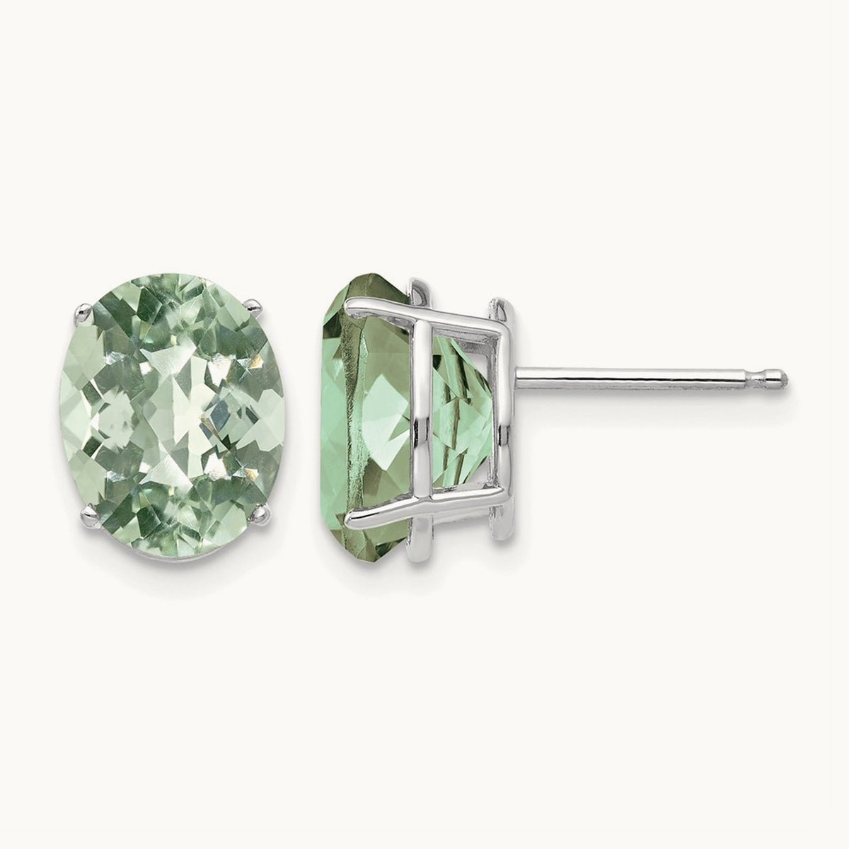 10x8 Oval Checker-Cut Green Quartz Earrings — 14K White Gold