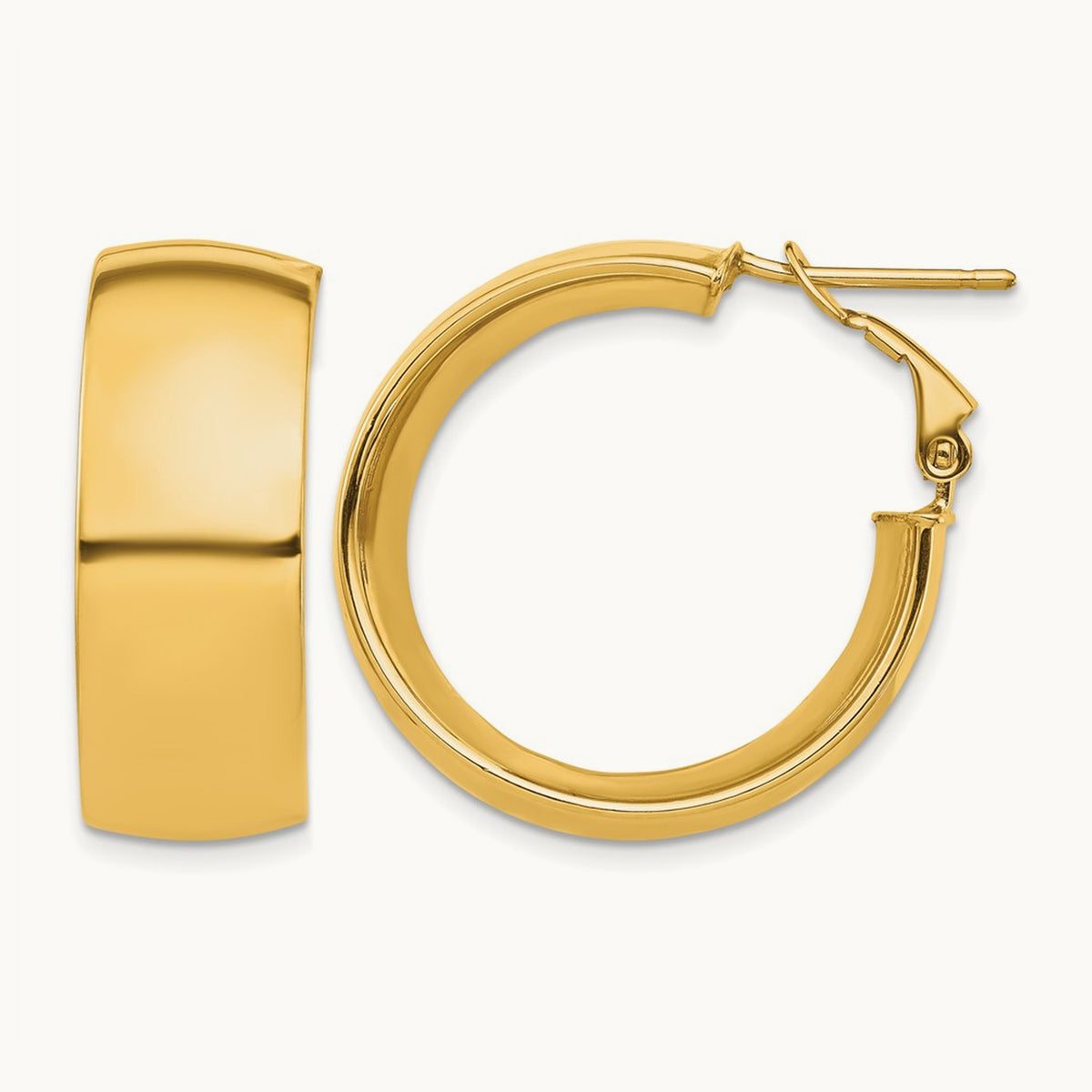 High Polished Omega Back Hoop Earrings — 14K Yellow Gold, 10mm