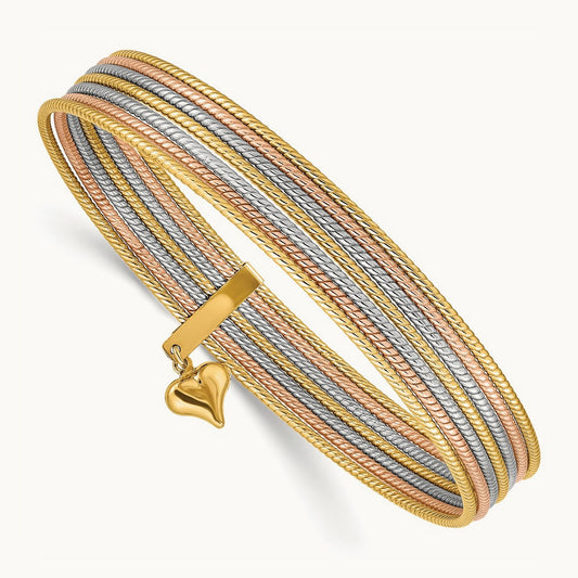 Tri-color w/ Dangle Heart Oversized Set of 7 Textured Slip-on Bangles, 14K