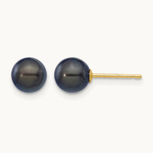 6- Round Black Saltwater Akoya Cultured Pearl Stud Post Earrings, 7mm, 14K