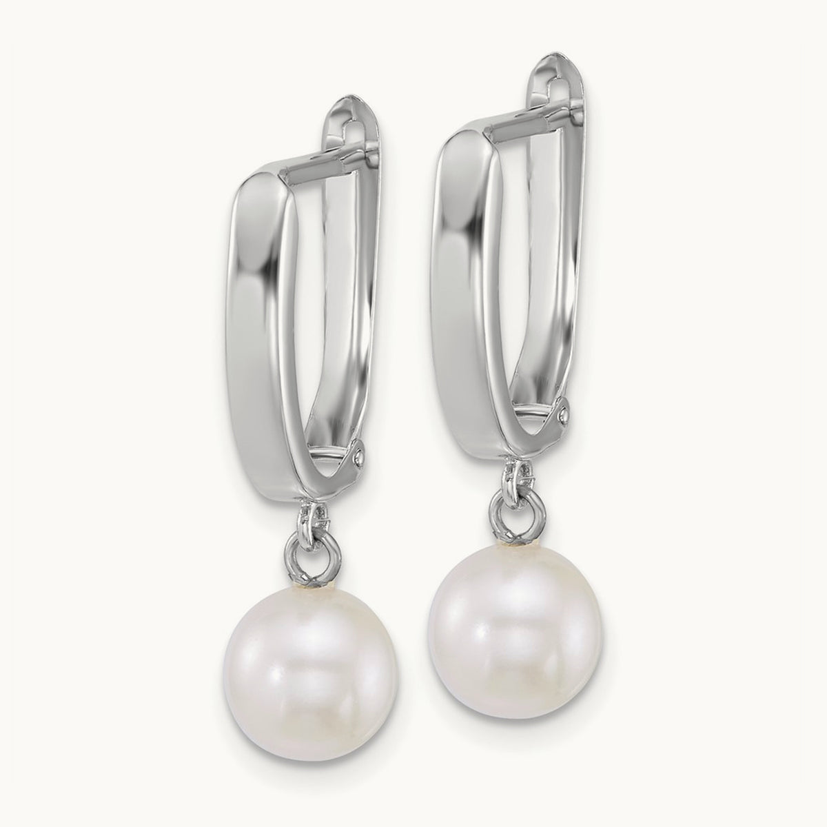WG 7- Round White FW Cultured Pearl Dangle Hoop Earrings, 8mm, 14K