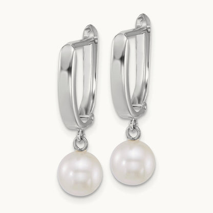 WG 7- Round White FW Cultured Pearl Dangle Hoop Earrings, 8mm, 14K