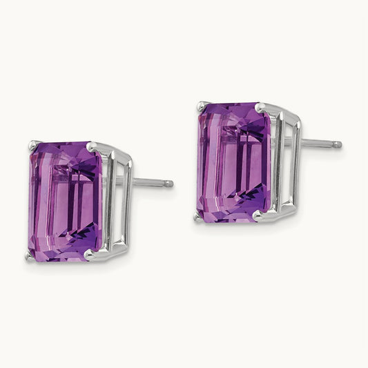 12x10mm Emerald Cut Amethyst Earrings, 14K White Gold