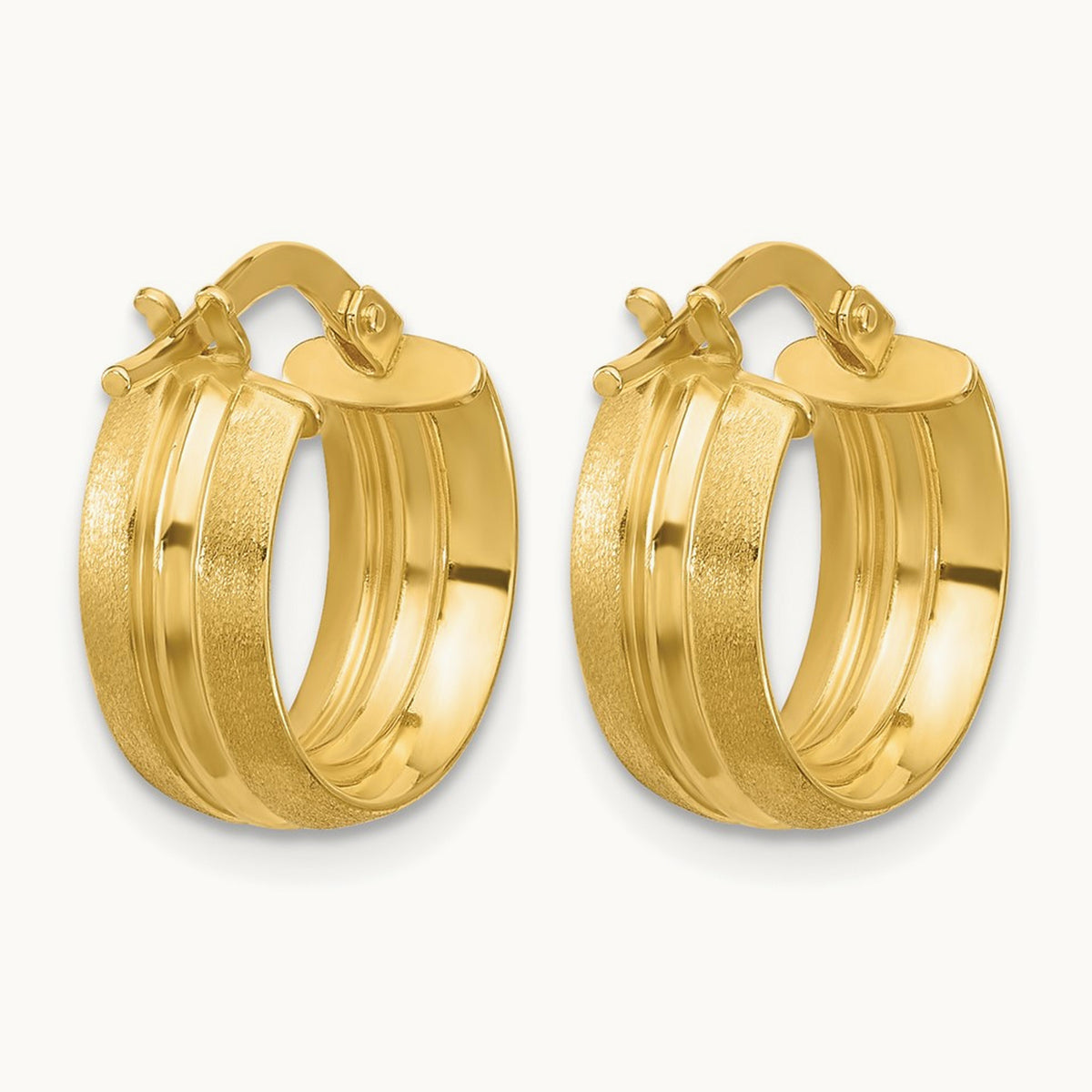 Polished and Satin Round Hoop Earrings — 14K Yellow Gold