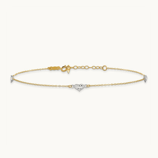 Polished D/C Triple Hearts 9in w/1in. Ext. Anklet, 14K Two-tone
