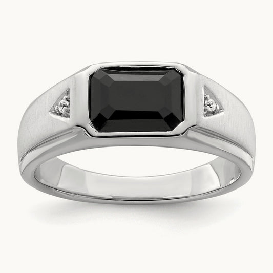 Polished & Satin Onyx & Diamond Mens Ring, 14K White Gold