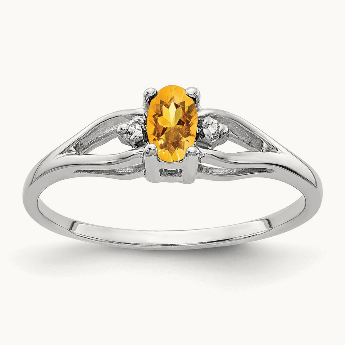 5x3mm Oval Citrine AAA Diamond ring, 14K White Gold