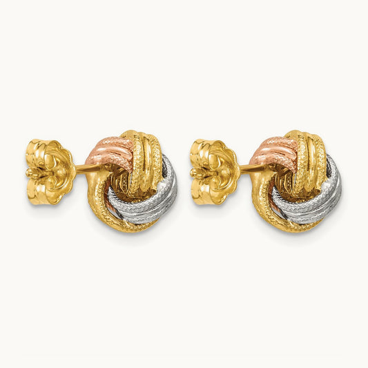 Tri-color Love Knot Polished and Textured Post Earrings, 14K — Leslie's