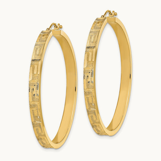 Polished and Satin Greek Pattern Hoop Earrings, 14K