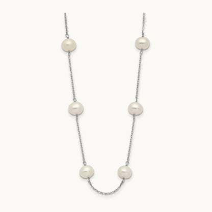 6- Near-Round FW Cultured Pearl 12-station Necklace, 14K White Gold