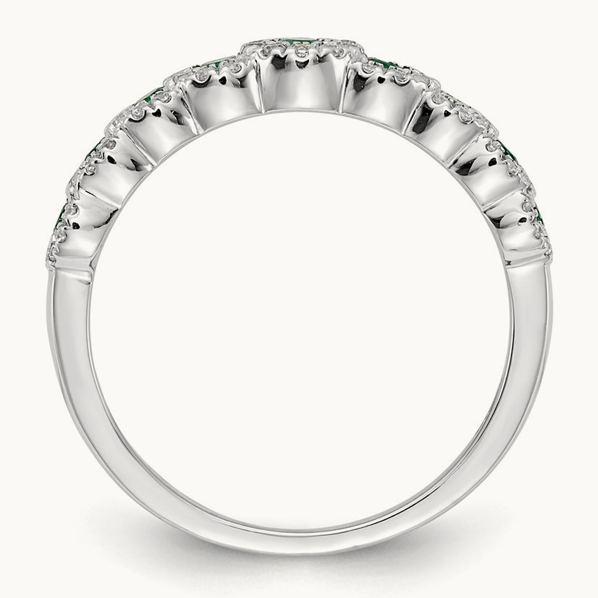 Diamond and Emerald Polished Ring, 14K White Gold
