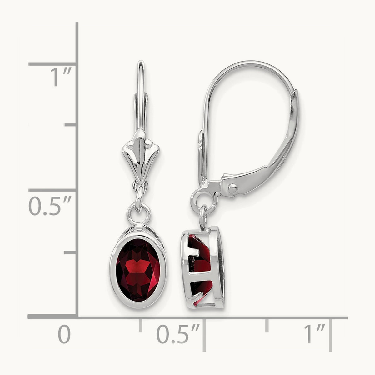 Oval Garnet Leverback Earrings — 14K White Gold, 26mm, 7x5mm