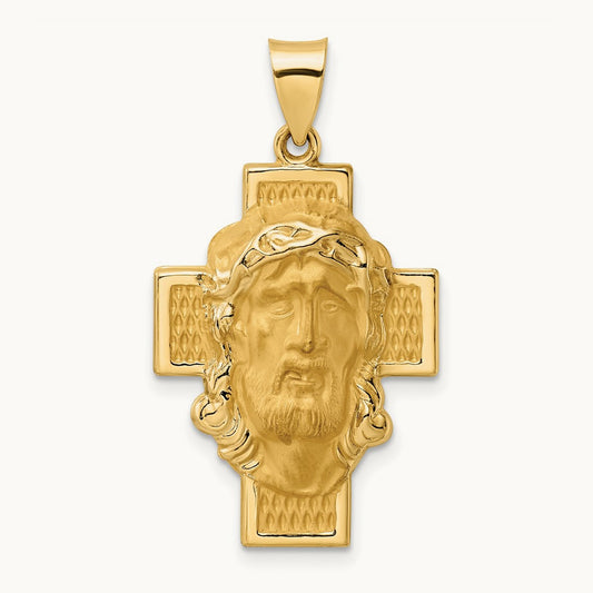 Polished and Satin Hollow Jesus Face Cross Pendant, 14K