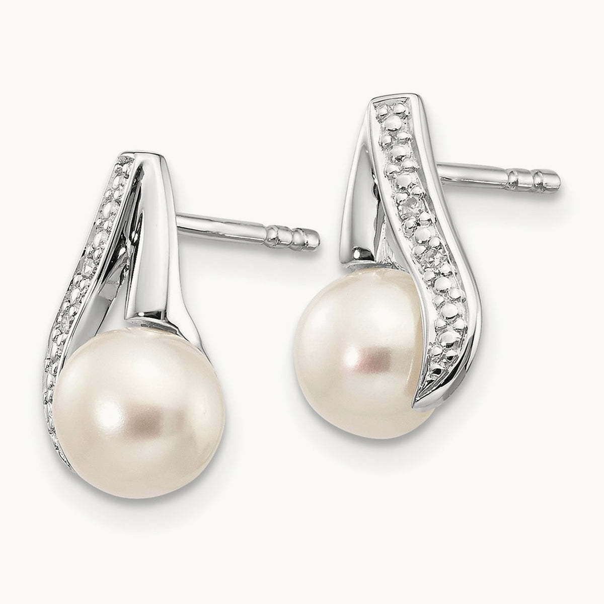 6- Button FWC Pearl .02ct Diamond Post Earrings, 7mm, 14K White Gold