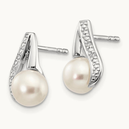 6- Button FWC Pearl .02ct Diamond Post Earrings, 7mm, 14K White Gold