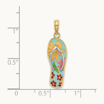 Multi-Colored 3D Enamel Fuschia Flowers On Flip-Flop Charm, 14K with Rhodium