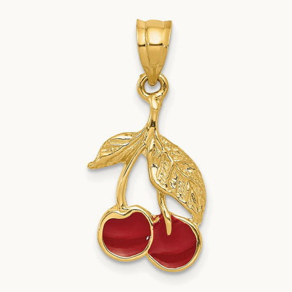 Polished Red Enameled Cherries Pendant, 14K